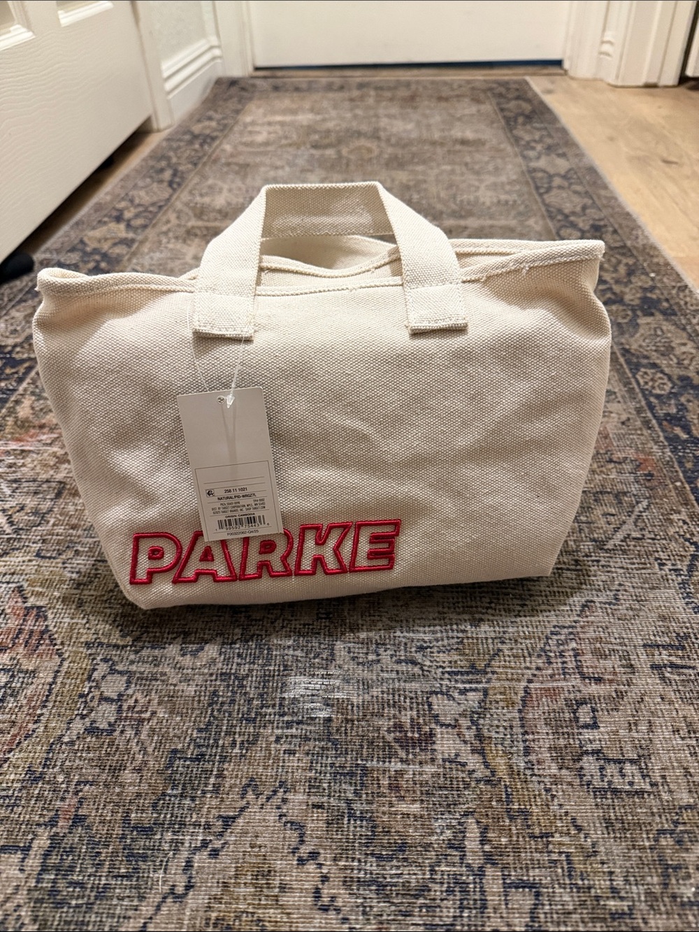 Parke Cream Canvas Tote with Red Logo